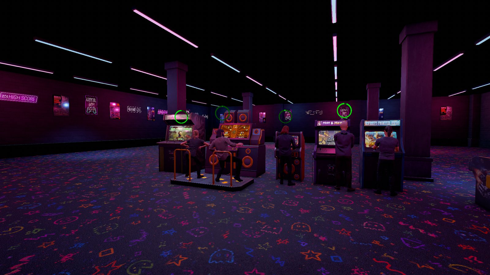 In-game screenshot: customers playing arcade machines inside the entertainment center