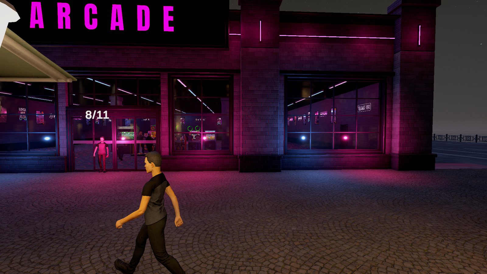 In-game screenshot: the neon-lit arcade facade with customers walking in